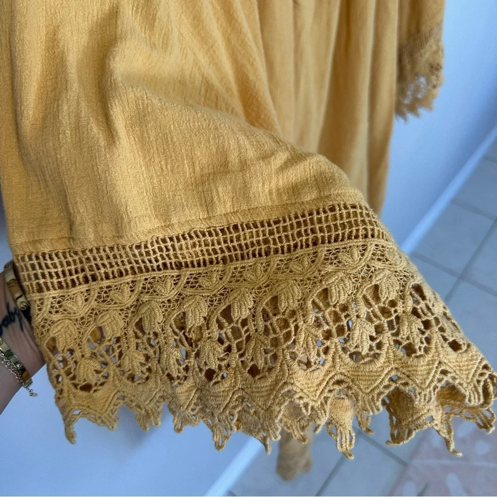 Free People Golden Yellow Oversized Crochet Trim Tie Back Tunic Dress, Large